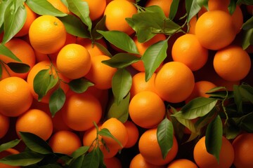 Composition of fresh orange fruits with leaves as background, top view