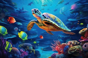 Underwater world. Corals. Turtle. Depth. image for 3d floor. Dive into the underwater world.