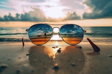 Fototapeta na wymiar Summer sun glasses on the sunset beach. Vacation coming 