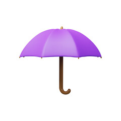 3D render purple umbrella. Vector illustration in clay plasticine style. Protection icon against sun, rain. Realistic parasol. Symbol of insurance. Meteorology weather handle season element.