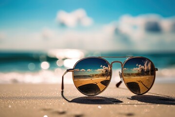 Summer concept, sunglasses in the sand, on the beach with copy space - obrazy, fototapety, plakaty