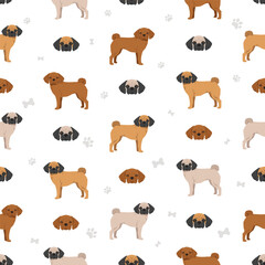 Puggle seamless pattern. Pug beagle mix. Different coat colors set