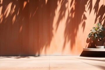 Orange Backdrop Podium Pattern for add Product,Abstract Texture Shadow Leaves Overlay with Sun Light Background. generative ai.