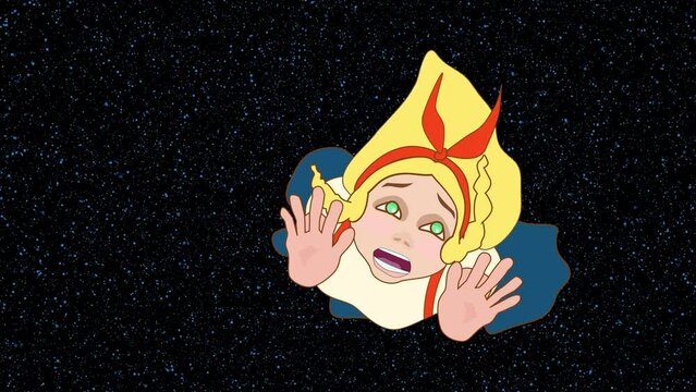 Nightmare. Girl screaming while falling down in open space with stars. Rabbit hole. Lost in universe. Spiritual adventure. Cartoony 2d animation. Animated cartoon. Film grain pixel. 