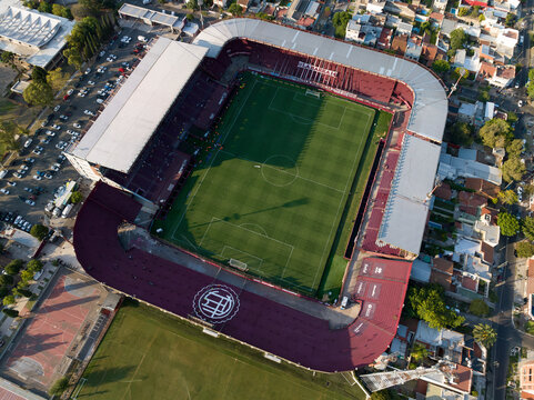 Buenos Aires, Argentina; March 4, 2023: Aerial photography of the Ciudad de Lan&uacute;s-N&eacute;stor D&iacute;az P&eacute;rez Stadium. Lan&uacute;s Stadium.