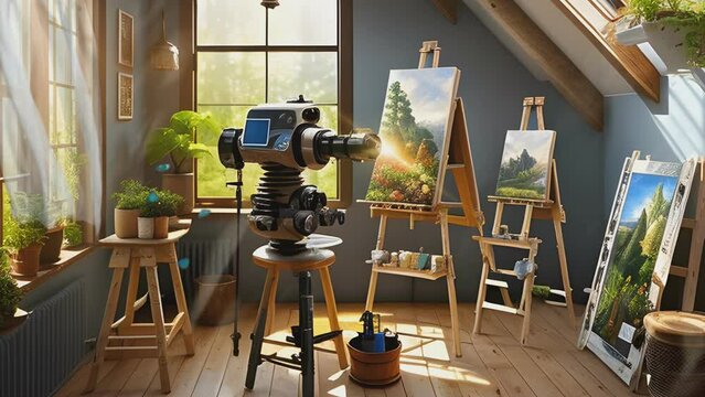 a robotic machine with artificial intelligence that draws paintings on a canvas. Cartoon or anime illustration style. seamless looping 4K time-lapse virtual video animation background.