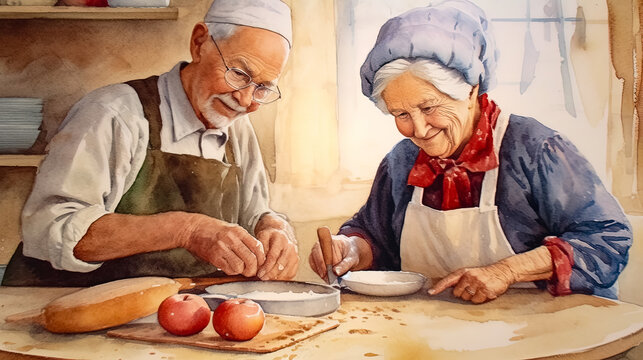 Grandpa helps grandma prepare delicious homemade cookies. Illustration for a children's book. The concept of a happy family life