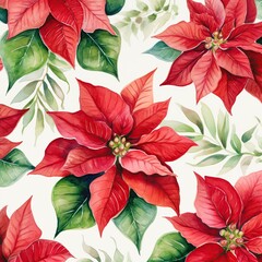 Watercolor poinsettia flower pattern. Christmas pattern background. Generative AI