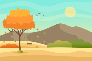 Autumn landscape with a tree and swing, mountains, fields, leaves. Countryside landscape. Autumn background. Vector illustration