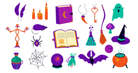 Halloween set of witchcraft  magical objects. Bat, spider, books, cauldron, witch broom, candle holder and other. Vector illustration
