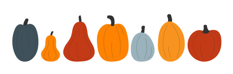 Set of pumpkin of various shapes and colours. Thanksgiving and Halloween Elements.