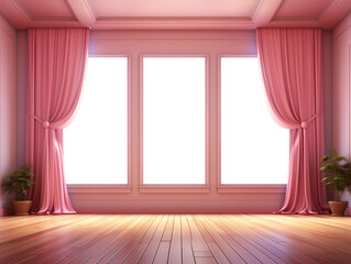 Pink room with the curtain and big window transparent, and big space wooden floor,