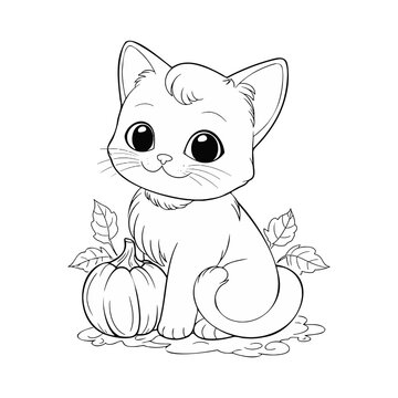 Cute halloween cat sitting on a pumpkin. Coloring book for children.