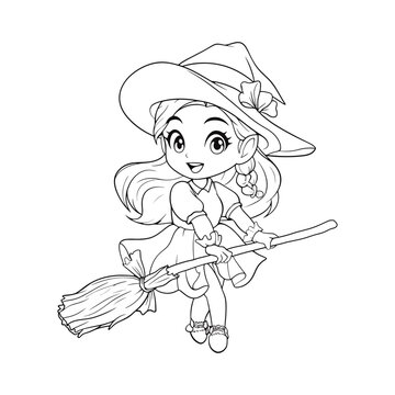 Cute little witch on a broom. Coloring book page for children