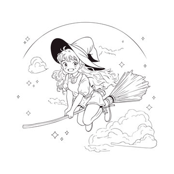 Cute anime witch flying on broomstick. Black and white vector illustration.