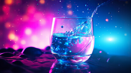 colorful splashing drink at bright vivid multicolored background, in style of dark purple, blue and pink, generative AI