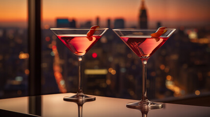 two colorful drinks in martini glass and big night city background, illuminated light skyline with...