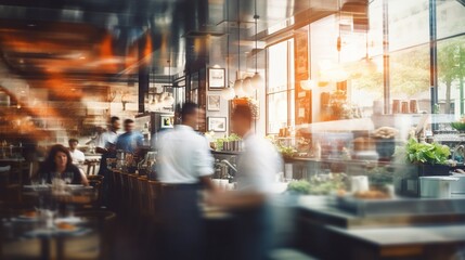 crowded restaurant with people dining and waiters, bartender and chefs working, blurred motion, generative AI - Powered by Adobe