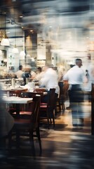 crowded restaurant with people dining and waiters, bartender and chefs working, blurred motion, generative AI