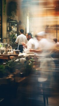 crowded restaurant with people dining and waiters, bartender and chefs working, blurred motion, generative AI