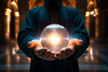 Fototapeta premium a young islamic man holding a glowing ball in a mosque, islamic background. The concept of unlimited faith in Allah Almighty. No face.