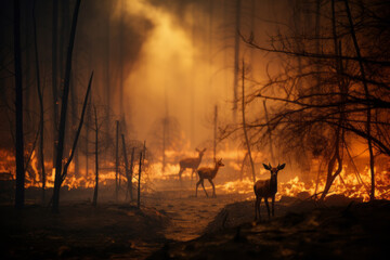 Strong fire in the forest, animals run and escape from the fire. Catastrophe. Space for text