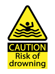 Caution, risk of drowning. Warning yellow triangle sign with symbol and text below