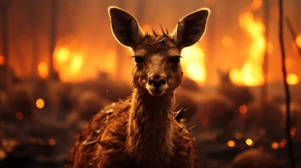 Fotobehang Australia, kangaroo tries to escape the flames. Space for text © Luiza