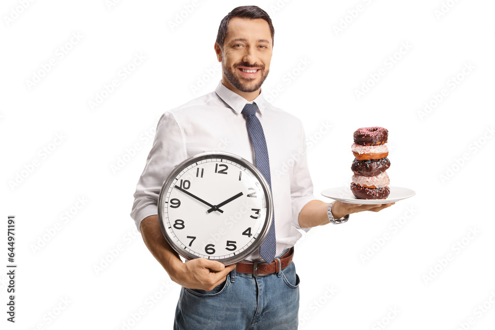 Sticker Smiling man holding a plate with donuts and a clock