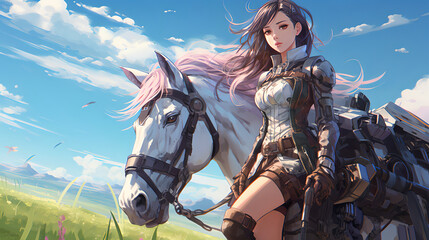 Naklejka premium anime warrior girl, a riding a horse 1 , AI Generative