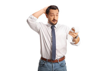 Fototapeta premium Shocked man with a bill holding his head in disbelief