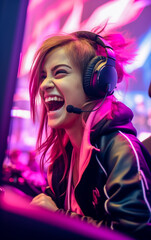A crazy and funny looking e-sport female player laughs out loud
