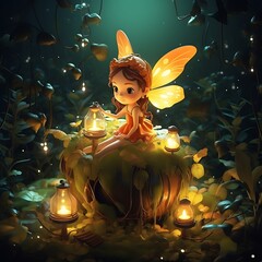 Pixie Fairy with Glow Wings Sitting on the Forest Ground with Light Calm Scene