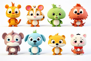 Set of characters of small cartoon animals isolated on white background