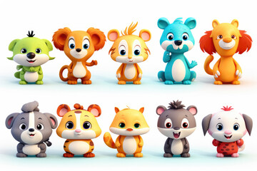 Set of characters of small cartoon animals isolated on white background