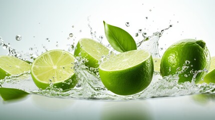 Photo of a refreshing splash of water on a vibrant group of limes created with Generative AI technology