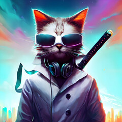 Ninja Cat In A Colourful Background
