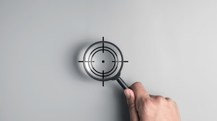 Magnifying glass focus on target destination objective for business success concept. Planning development leadership and customer achievement goal and copy space. - obrazy, fototapety, plakaty