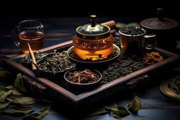 table for tea ceremony with tea. - obrazy, fototapety, plakaty