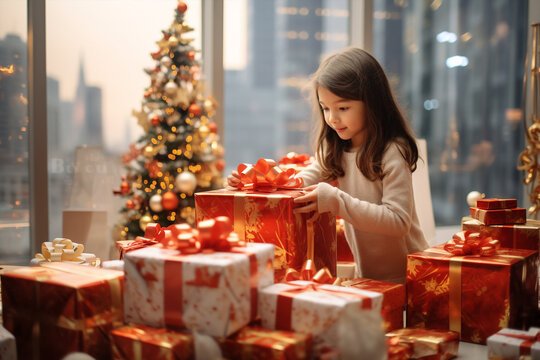 Generative ai young female asian chiid at home unwrapping gift on christmas eve