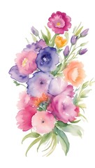 Watercolor Painting Featuring a Bouquet of Multicolored Flowers Set Against a Pristine White Background