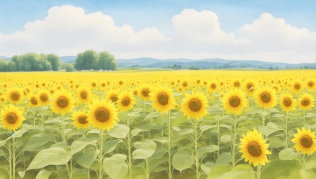 Vivid Watercolor Painting Depicting a Sunflower Field in Full Bloom