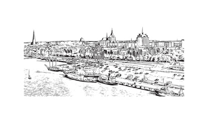 Building view with landmark of Rostock is the city in Germany. Hand drawn sketch illustration in vector.