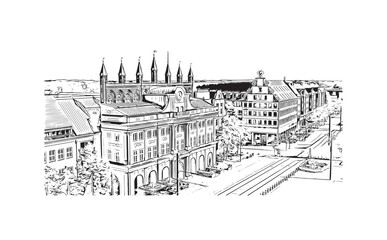 Building view with landmark of Rostock is the city in Germany. Hand drawn sketch illustration in vector.