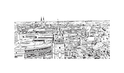 Building view with landmark of Rostock is the city in Germany. Hand drawn sketch illustration in vector.