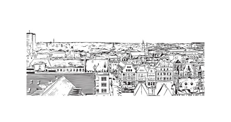 Obraz premium Building view with landmark of Rostock is the city in Germany. Hand drawn sketch illustration in vector.