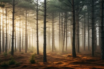 Pine forest in foggy morning. Generative AI