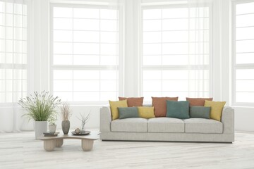 Fototapeta premium White modern interior design with sofa. Scandinavian interior design. 3D illustration