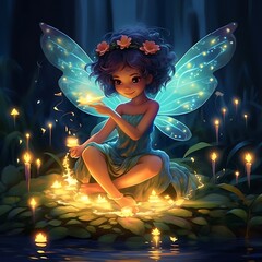 Pixie Fairy with Glow Wings Sitting on the Forest Ground with Light Calm Scene
