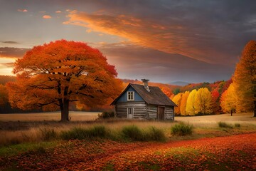autumn landscape with a house in autumn background AI Generated